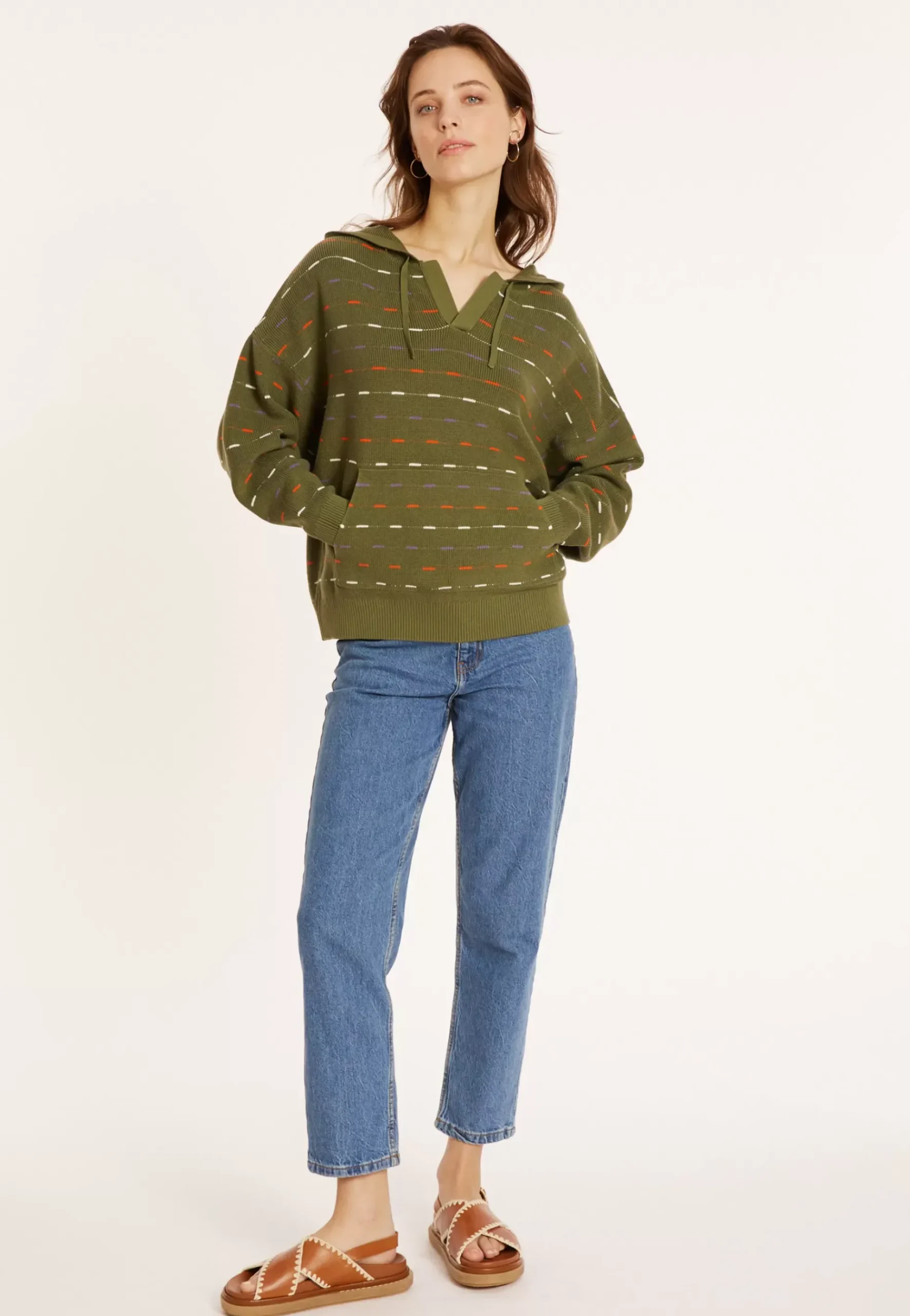 Maison Montagut Pulls>Hoodie En Coton Bio Col Tunisien - Melanie Kaki
