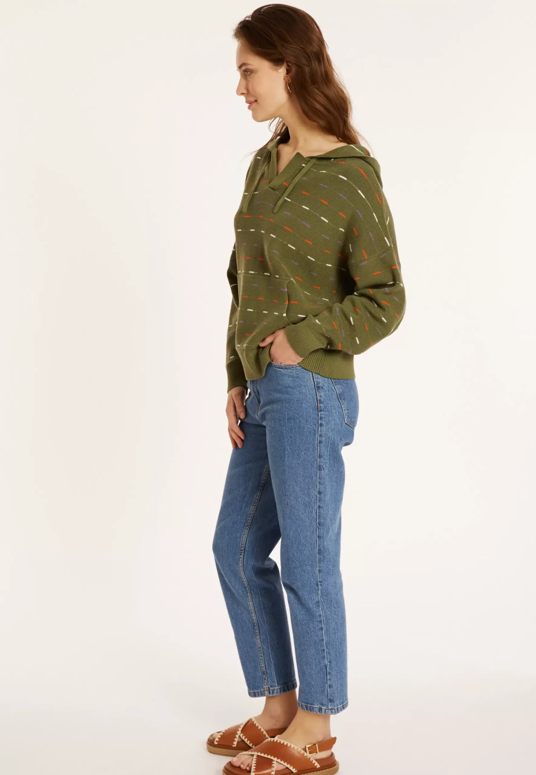 Maison Montagut Pulls>Hoodie En Coton Bio Col Tunisien - Melanie Kaki