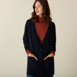 Maison Montagut Vestes Et Gilets>Long Cardigan Col V En Cachemire A Fentes Et Poches - Aden