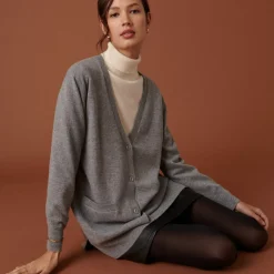 Maison Montagut Vestes Et Gilets>Long Cardigan Col V En Cachemire A Fentes Et Poches - Aden