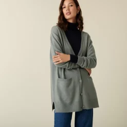 Maison Montagut Vestes Et Gilets>Long Cardigan Col V En Cachemire A Fentes Et Poches - Aden