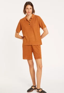 Maison Montagut T-Shirts>Polo A Cotes En Lin Flamme - Petunia