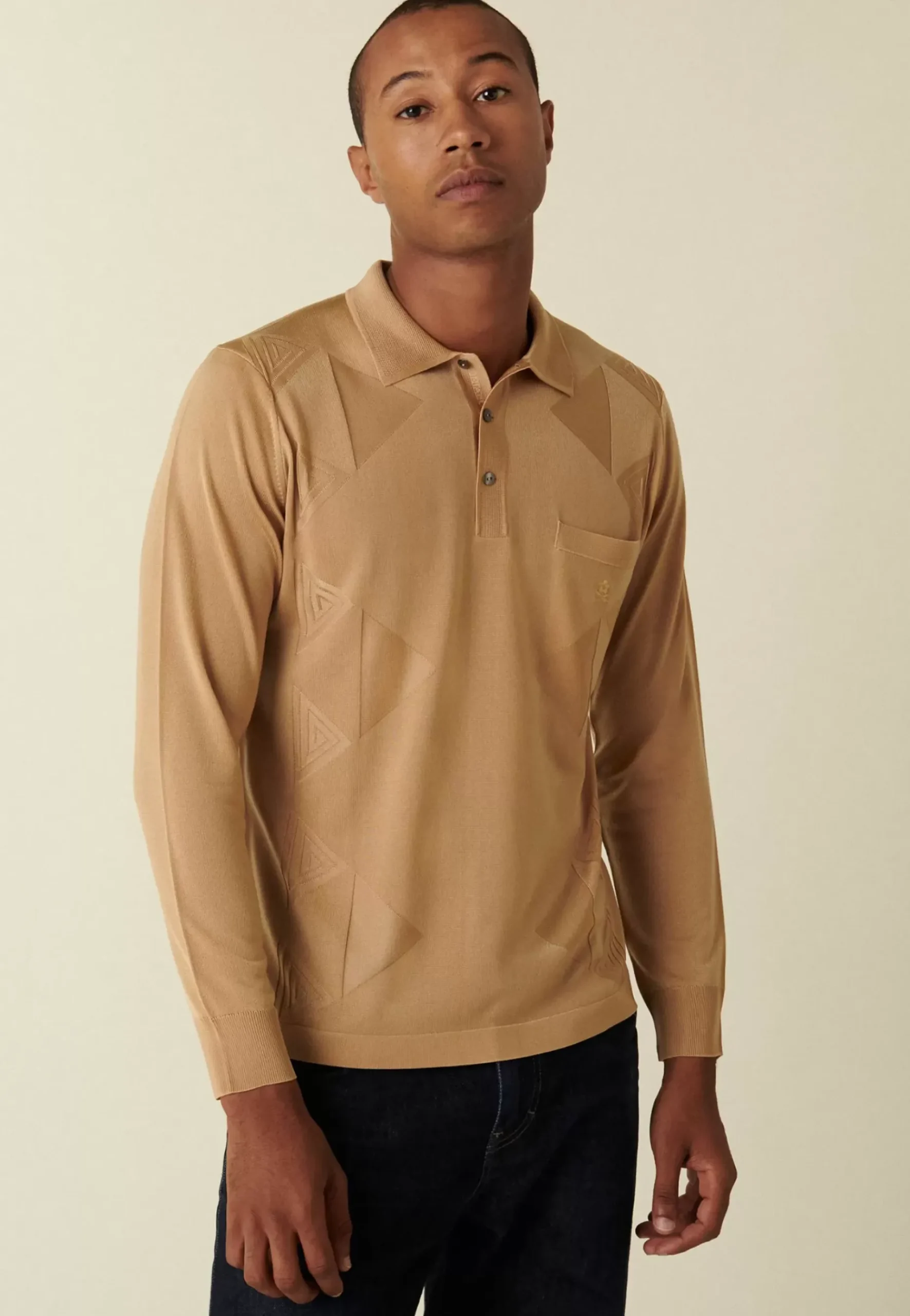Maison Montagut Fil Lumiere Pour Lui>Polo Manches Longues En Fil Lumiere Motifs Triangles - Dalvini Camel