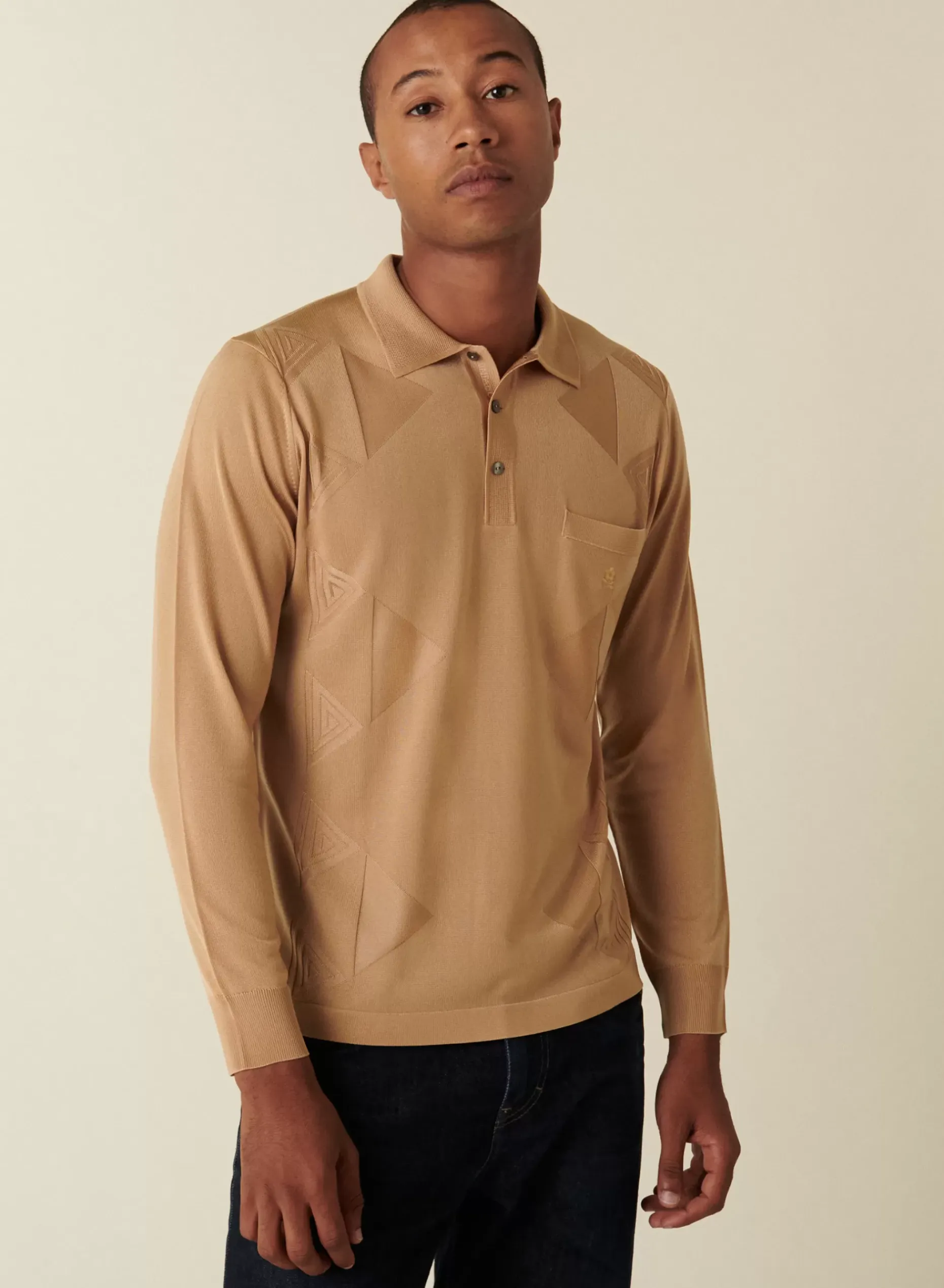 Maison Montagut Fil Lumiere Pour Lui>Polo Manches Longues En Fil Lumiere Motifs Triangles - Dalvini Camel