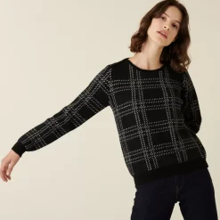 Maison Montagut Pulls>Pull Col Rond A Carreaux En Laine Alpaga - Carin Noir