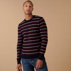 Maison Montagut Pulls>Pull Col Rond A Rayures En Laine Merinos - Arno Bordeaux
