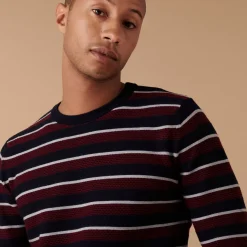 Maison Montagut Pulls>Pull Col Rond A Rayures En Laine Merinos - Arno Bordeaux