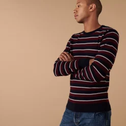 Maison Montagut Pulls>Pull Col Rond A Rayures En Laine Merinos - Arno Bordeaux