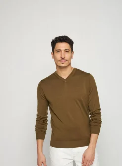 Maison Montagut Pulls>Pull Col V Avec Logo En Laine Merinos - Elmo