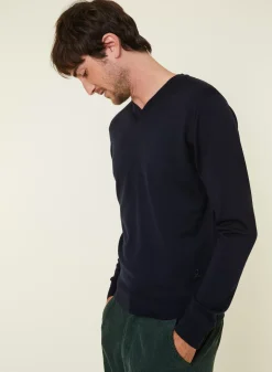 Maison Montagut Pulls>Pull Col V Avec Logo En Laine Merinos - Elmo