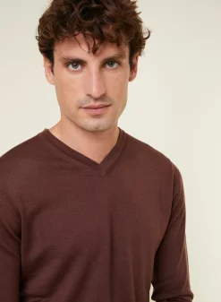 Maison Montagut Pulls>Pull Col V Avec Logo En Laine Merinos - Elmo