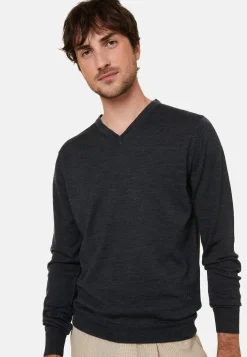 Maison Montagut Pulls>Pull Col V Avec Logo En Laine Merinos - Elmo