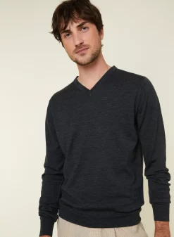 Maison Montagut Pulls>Pull Col V Avec Logo En Laine Merinos - Elmo