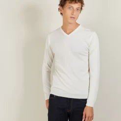 Maison Montagut Pulls>Pull Col V En Laine Et Soie - Basil