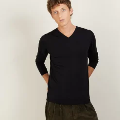 Maison Montagut Pulls>Pull Col V En Laine Et Soie - Basil
