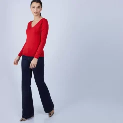 Maison Montagut Pulls>Pull Col V En Laine Et Soie - Bonnie Rouge