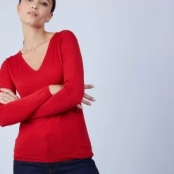 Maison Montagut Pulls>Pull Col V En Laine Et Soie - Bonnie Rouge