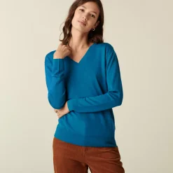 Maison Montagut Pulls>Pull Col V En Laine Merinos Finitions Bord Cotes - Arya