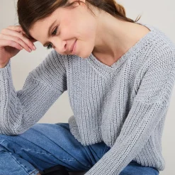 Maison Montagut Pulls>Pull Col V En Maille Cotelee - Bulle