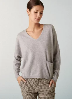 Maison Montagut Pulls>Pull Court Col V En Cachemire Avec Poches - Balba