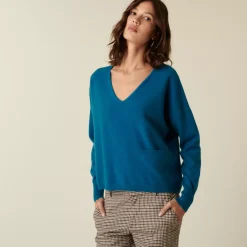 Maison Montagut Pulls>Pull Court Col V En Cachemire Avec Poches - Balba