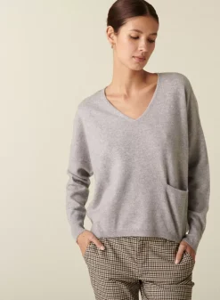 Maison Montagut Pulls>Pull Court Col V En Cachemire Avec Poches - Balba