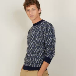 Maison Montagut Pulls>Pull Graphique En Coton Et Laine - Lorenzo Bleu Marine