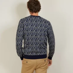 Maison Montagut Pulls>Pull Graphique En Coton Et Laine - Lorenzo Bleu Marine