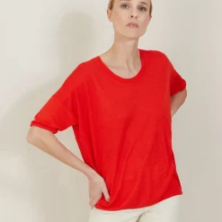 Maison Montagut T-Shirts>T-Shirt Ample Col Rond En Lin Flamme - Mairena