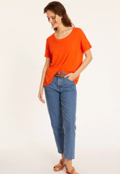 Maison Montagut T-Shirts>T-Shirt Ample Col Rond En Lin Flamme - Pavot