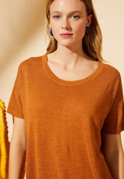 Maison Montagut T-Shirts>T-Shirt Ample Col Rond En Lin Flamme - Pavot