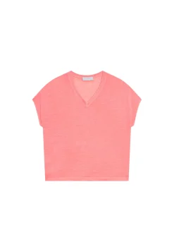 Maison Montagut T-Shirts>T-Shirt Ample Col V En Lin Flamme - Marra