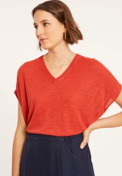 Maison Montagut T-Shirts>T-Shirt Ample Col V En Lin Flamme - Marra