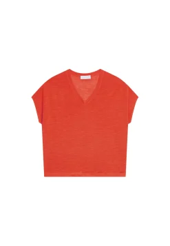 Maison Montagut T-Shirts>T-Shirt Ample Col V En Lin Flamme - Marra