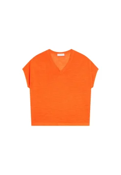 Maison Montagut T-Shirts>T-Shirt Ample Col V En Lin Flamme - Marra