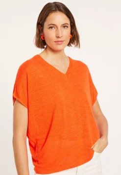 Maison Montagut T-Shirts>T-Shirt Ample Col V En Lin Flamme - Marra