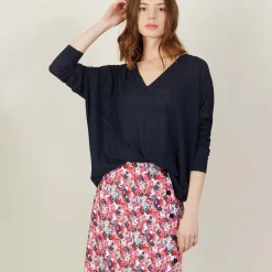 Maison Montagut T-Shirts>T-Shirt Ample Col V En Lin Flamme - Beja