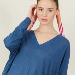 Maison Montagut T-Shirts>T-Shirt Ample Col V En Lin Flamme - Beja