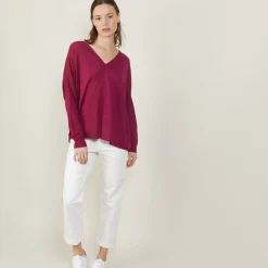 Maison Montagut T-Shirts>T-Shirt Ample Col V En Lin Flamme - Beja