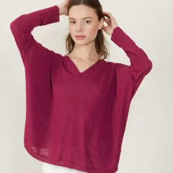 Maison Montagut T-Shirts>T-Shirt Ample Col V En Lin Flamme - Beja