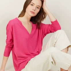 Maison Montagut T-Shirts>T-Shirt Ample Col V En Lin Flamme - Beja