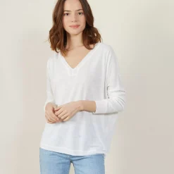 Maison Montagut T-Shirts>T-Shirt Ample Col V En Lin Flamme - Beja