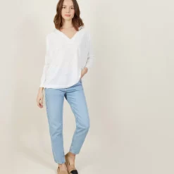 Maison Montagut T-Shirts>T-Shirt Ample Col V En Lin Flamme - Beja