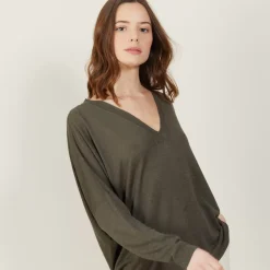 Maison Montagut T-Shirts>T-Shirt Ample Col V En Lin Flamme - Beja
