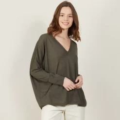 Maison Montagut T-Shirts>T-Shirt Ample Col V En Lin Flamme - Beja
