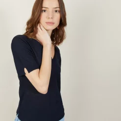 Maison Montagut T-Shirts>T-Shirt Col Tunisien En Lin Flamme - Boheme