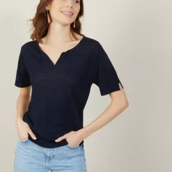 Maison Montagut T-Shirts>T-Shirt Col Tunisien En Lin Flamme - Boheme