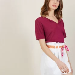 Maison Montagut T-Shirts>T-Shirt Col Tunisien En Lin Flamme - Boheme