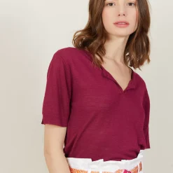 Maison Montagut T-Shirts>T-Shirt Col Tunisien En Lin Flamme - Boheme