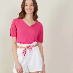 Maison Montagut T-Shirts>T-Shirt Col Tunisien En Lin Flamme - Boheme